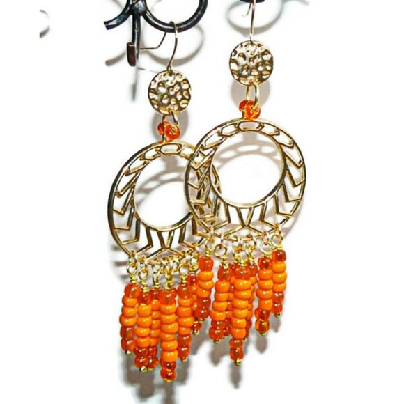 Orange Seed Bead Fringe Hoop Earrings, Large Hoop Earrings - Picture 3 of 4
